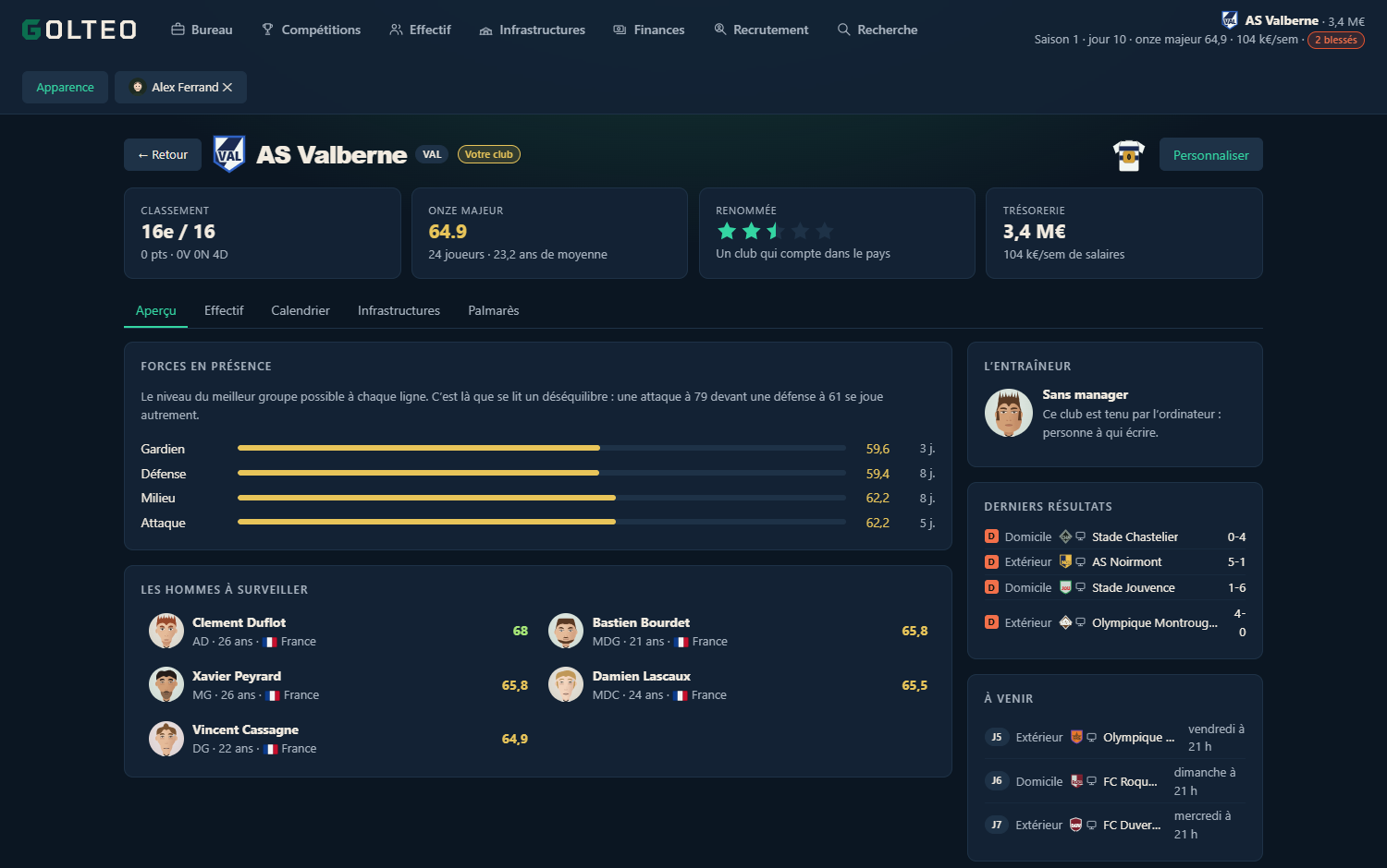 La fiche d'un club et son entraîneur